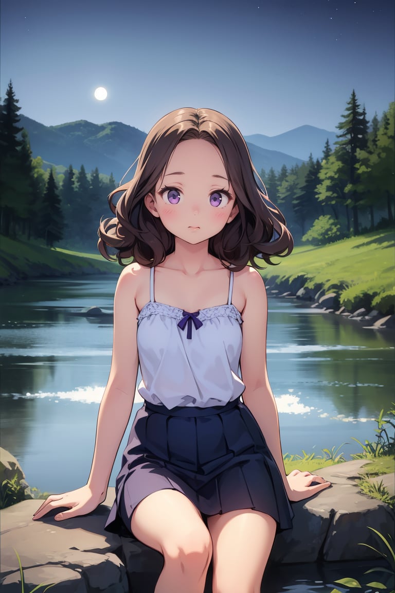 (best quality,  realistic,  HDR),  1girl,  child,  purple eyes,  long and curly brown hair,  detailed forehead,  wearing a short skirt and a camisole,  looking embarrassed,  sitting by the riverbank,  surrounded by mountains in the background,  with the moonlight illuminating the scene.