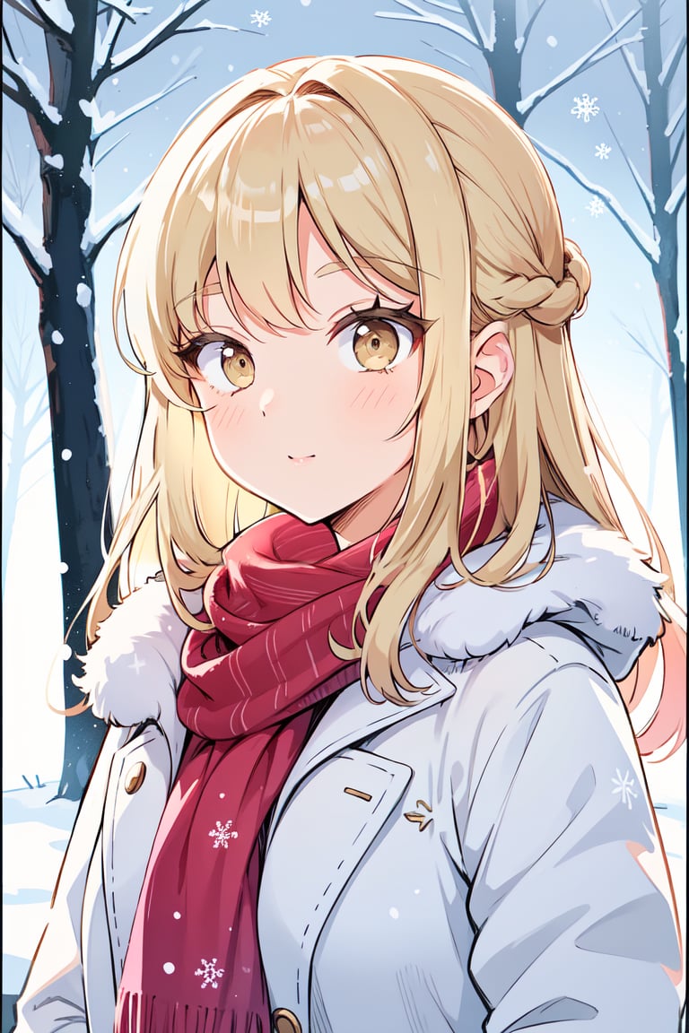 (best quality,  4k,  8k,  highres,  masterpiece:1.2),  ultra-detailed,  portrait,  beautiful and smiling caucasian woman,  cinematic,  winter clothes,  Ondas e Nuances,  detailed symmetric hazel eyes,  circular iris,  vivid colors,  winter scenery,  soft snowflakes falling,  icy breath,  rosy cheeks,  pure white background,  subtle warm lighting,  innocence and radiance,  sparkling eyes,  joyful expression,  luxurious fur trim on the clothing,  frosty winter air,  subtle wind blowing through her hair,  subtle hint of pink in her lips,  elegant posture,  confident stance,  delicate snowflakes decorating her hair,  long flowing blonde hair,  wonder and serenity in her gaze,  captivating beauty,  snow-covered trees in the background,  peaceful and enchanting winter scene.