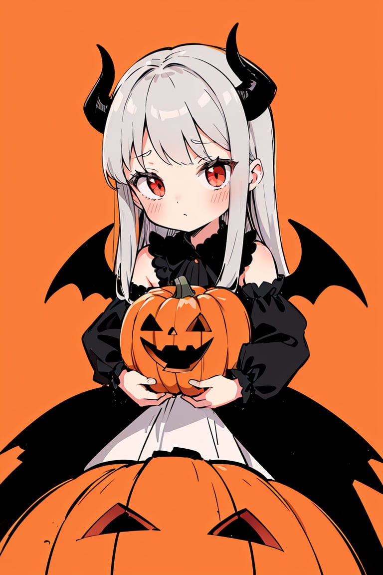 (pumpkin color cute background:1.3),  rough sketch tiny girl,  (succubus:0.8),  fluffy dress,  devil's black horns,  devil's black wings,  silver hair,  red eyes,  griping the edge of pumpkin lantern with hands,  looking at viewer,  (Helltaker:1.1)