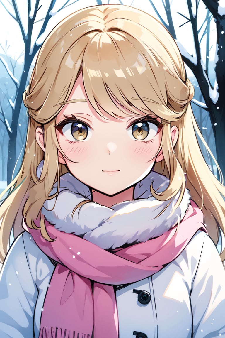 (best quality,  4k,  8k,  highres,  masterpiece:1.2),  ultra-detailed,  portrait,  beautiful and smiling caucasian woman,  cinematic,  winter clothes,  Ondas e Nuances,  detailed symmetric hazel eyes,  circular iris,  vivid colors,  winter scenery,  soft snowflakes falling,  icy breath,  rosy cheeks,  pure white background,  subtle warm lighting,  innocence and radiance,  sparkling eyes,  joyful expression,  luxurious fur trim on the clothing,  frosty winter air,  subtle wind blowing through her hair,  subtle hint of pink in her lips,  elegant posture,  confident stance,  delicate snowflakes decorating her hair,  long flowing blonde hair,  wonder and serenity in her gaze,  captivating beauty,  snow-covered trees in the background,  peaceful and enchanting winter scene.