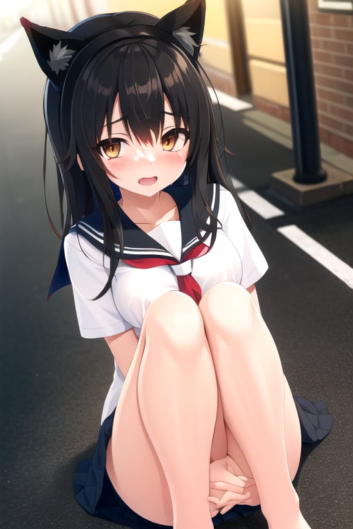 masterpiece, best quality, highres,solo,ChiriMaina,black_hair,cat_ears,yelloe_eyes,medium_breasts,shy,hugged,on_street,happy,school_uniform