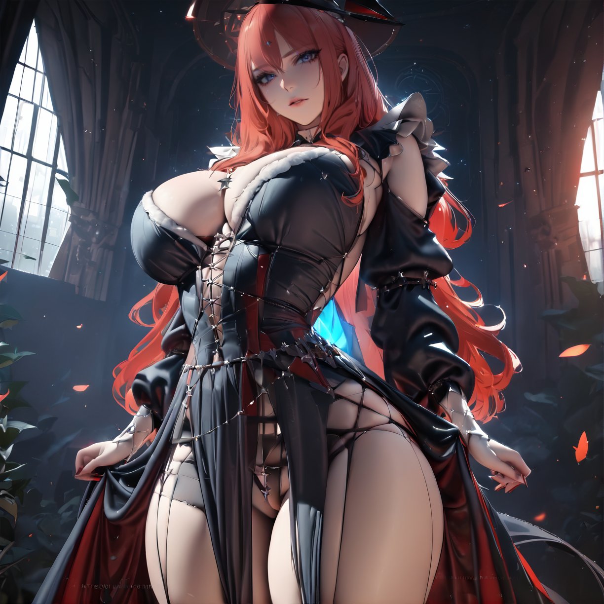 ((masterpiece, best quality, highres, absurbres, 8k, highly detailed)), rating: sensitive, newest, ((beautiful eyes detailed:1.2)), perfect face, looking at viewer, 1girl, ((cowboy shot:1.5)), red hair, bangs, hair between eyes, blue eyes, solo, big breasts, slight smile, fantasy, ((witch outfit:1.2)), ((dark room:1.1)), standing, ((depth of field:1.2)), portrait, cinematic, 64k,sakimichan style