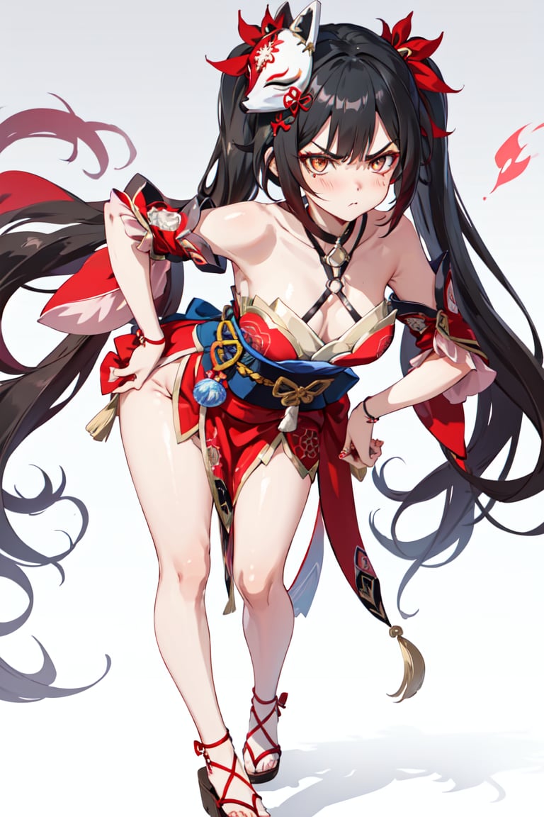 1girl, solo, <lora:shSparkle-000010:0.7>, shsparkle, fox mask, long hair, twintails, kimono, japanese clothes, bare shoulders, sash, sandals, hand on own hip, leaning forward, pouting, puffy cheeks, v-shaped eyebrows, angry, mad