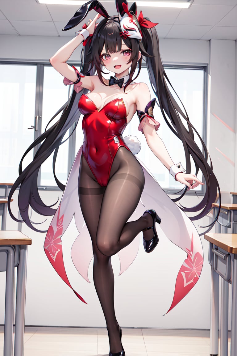 1girl, solo, full body, <lora:shSparkle-000010:0.7>, shsparkle, fox mask, long hair, twintails, fishnets, fishnet pantyhose, rabbit ears, rabbit tail, playboy bunny, looking at the viewer, open mouth smiling, in a school classroom