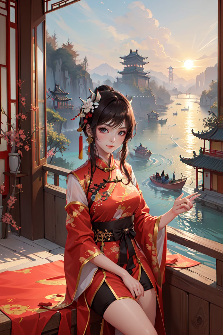 (2D anime), (beautiful young girl in the chinese balcony), (cute face), (royal chinese costume), with the view of sun set, river and boats, muted color, chinese fantasy art. 