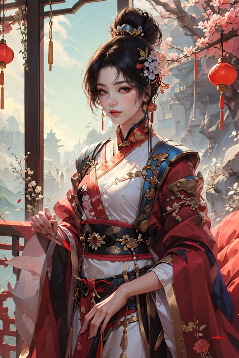 (2D flat draw), Beautiful woman in the royal palace, royal costume, hair bun, hair ornament, chinese fantasy art,