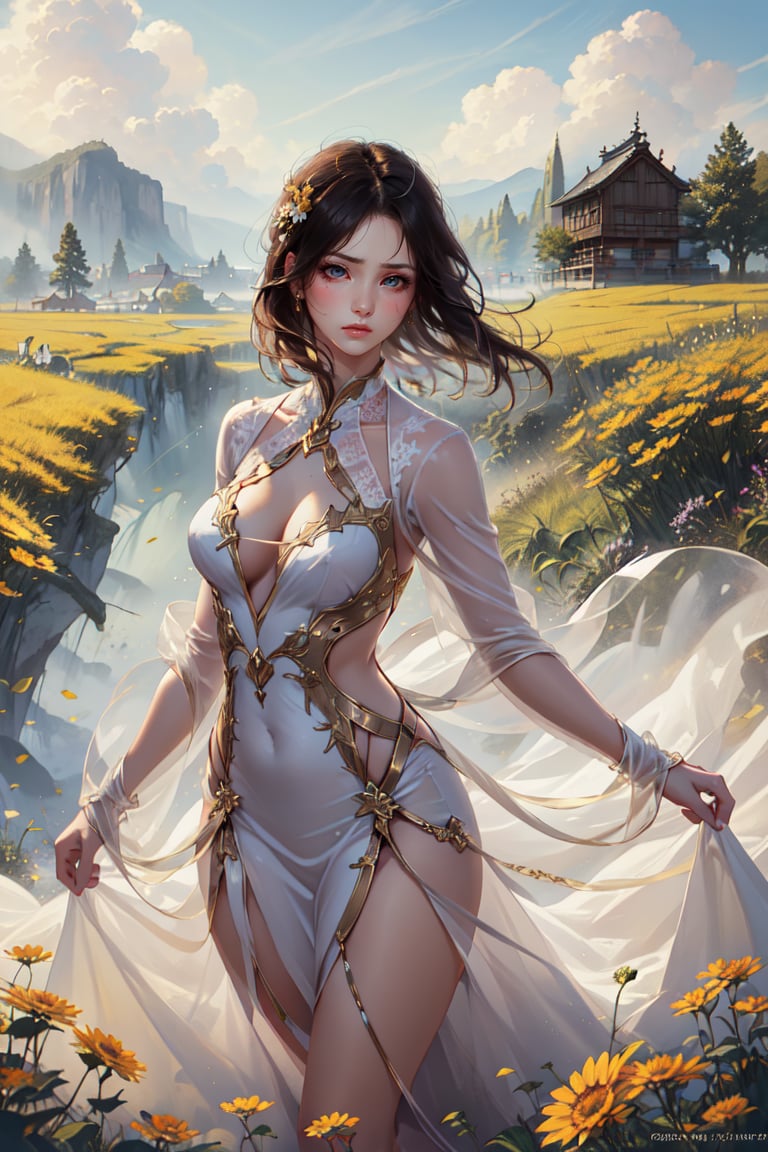 Beautiful woman in the yellow field, white casual dress costume, brown hair floating, fantasy art, romantic, (sad), (emotional)