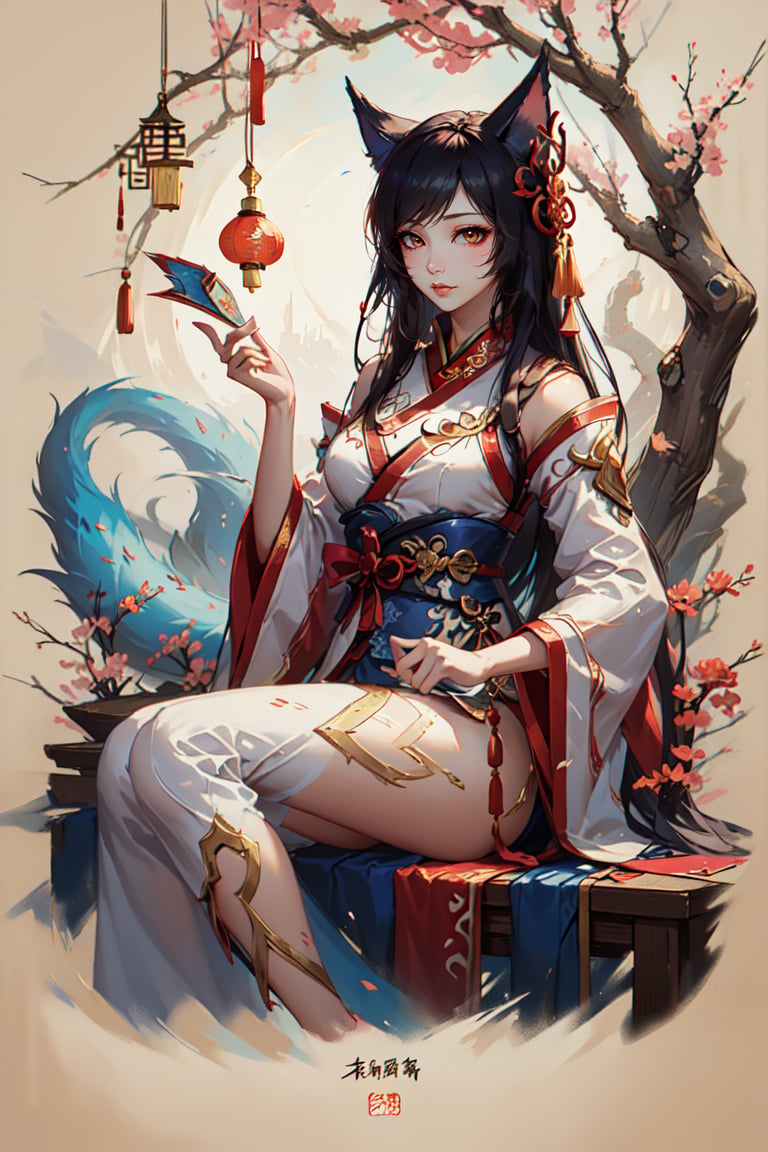 (Ahri \(league of legends\)), (painted on old paper), chinese royal cosutme, chinese fantasy art.