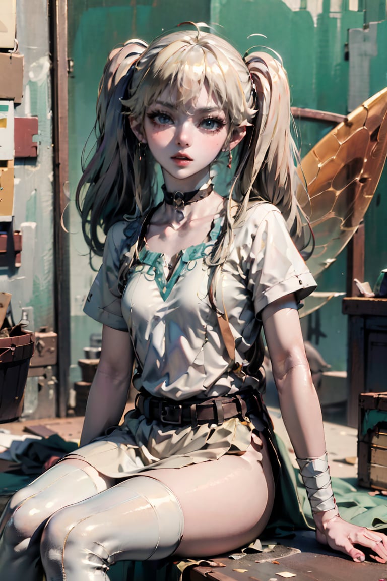 female, ((masterpiece, best quality, ultra detailed, absurdres):1.5), small breasts, collarbone, tilted head, fairy dress, bandages, belt,lafanpan, blue eyes, ahoge, 1girl, blonde hair, detailed eyes, twintail, fairy wings, 4 wings, sitting , from side, from below, sneakers,Hornsgirl, tiara