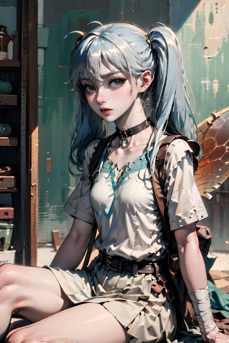 female, ((masterpiece, best quality, ultra detailed, absurdres):1.5), small breasts, collarbone, tilted head, fairy dress, bandages, belt,lafanpan, blue eyes, ahoge, 1girl, blue hair, detailed eyes, twintail, fairy wings, 4 wings, sitting , from side