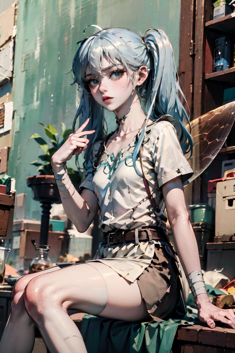 female, ((masterpiece, best quality, ultra detailed, absurdres):1.5), small breasts, collarbone, tilted head, fairy dress, bandages, belt,lafanpan, blue eyes, ahoge, 1girl, blue hair, detailed eyes, twintail, fairy wings, 4 wings, sitting , from side, from below, sneakers
