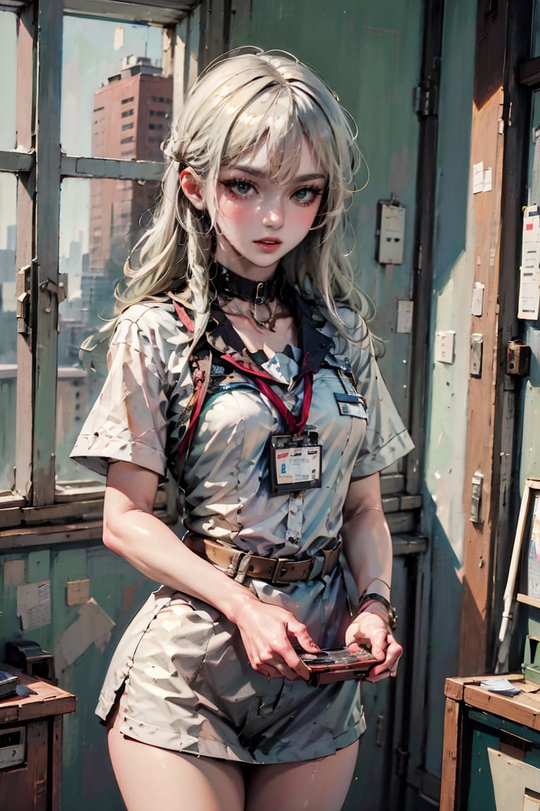 female, ((masterpiece, best quality, ultra detailed, absurdres):1.5), small breasts, collarbone, tilted head, cowboy shot, (facing down:1.2), (1female), evil face, silver hair, absurdly long hair, messy hair, Pale Skin, (Stripe White Patient), ( (Intravenous Therapy:1.05), (Medical Vital Signs Monitor:1.15), (University Hospital Single-Bed Room:1.2), (Light Leaks Through The Open Window:1.1)),
