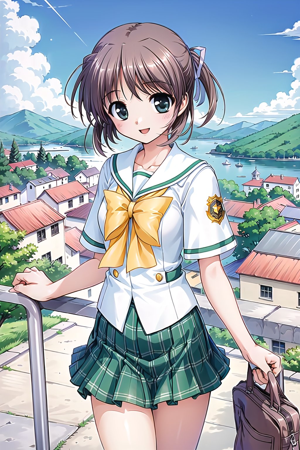 (masterpiece,Best  Quality, High Quality, Best Picture Quality Score: 1.3), (Sharp Picture Quality), Brown hair, short hair,Tie hair,White hair ribbon,School uniform,Skirt with checkerboard pattern, best smile,Beautiful scenery, girl standing on a hill, hills overlooking the city,alone,bule sky,mini_skirt