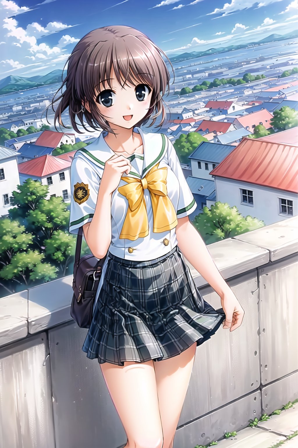 (masterpiece,Best  Quality, High Quality, Best Picture Quality Score: 1.3), (Sharp Picture Quality), Brown hair, short hair,Tie hair,White hair ribbon,School uniform,Skirt with checkerboard pattern, best smile,Beautiful scenery, girl standing on a hill, hills overlooking the city,alone,bule sky,mini_skirt
