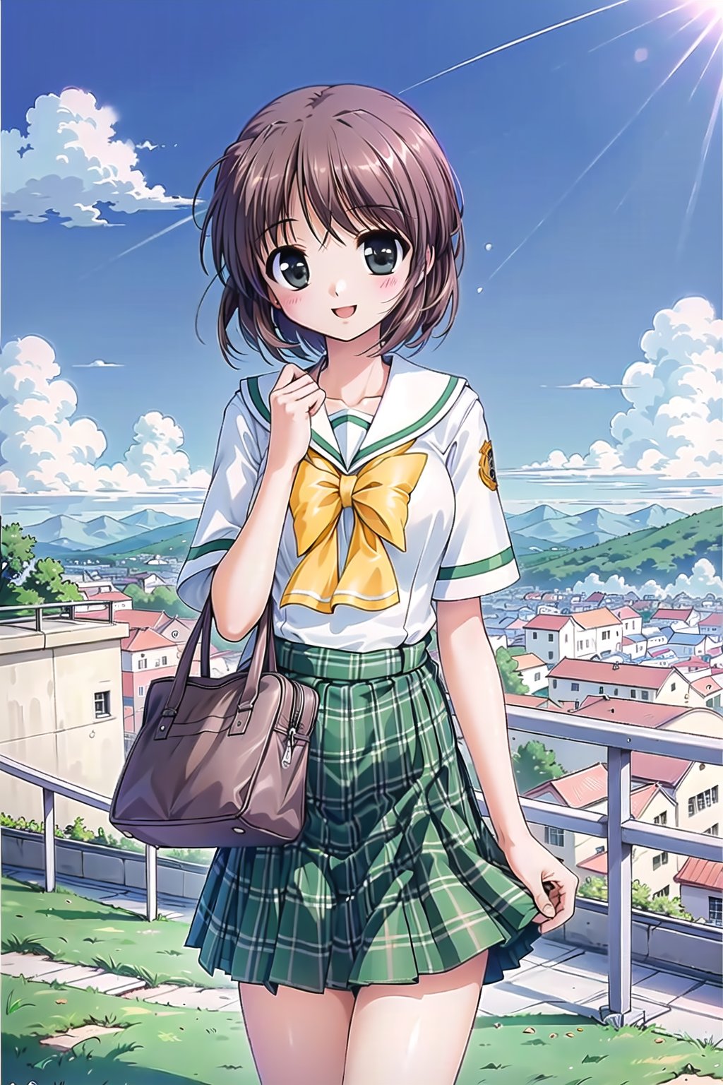 (masterpiece,Best  Quality, High Quality, Best Picture Quality Score: 1.3), (Sharp Picture Quality), Brown hair, short hair,Tie hair,School uniform,Skirt with checkerboard pattern, best smile,Beautiful scenery, girl standing on a hill, hills overlooking the city,alone,bule sky,