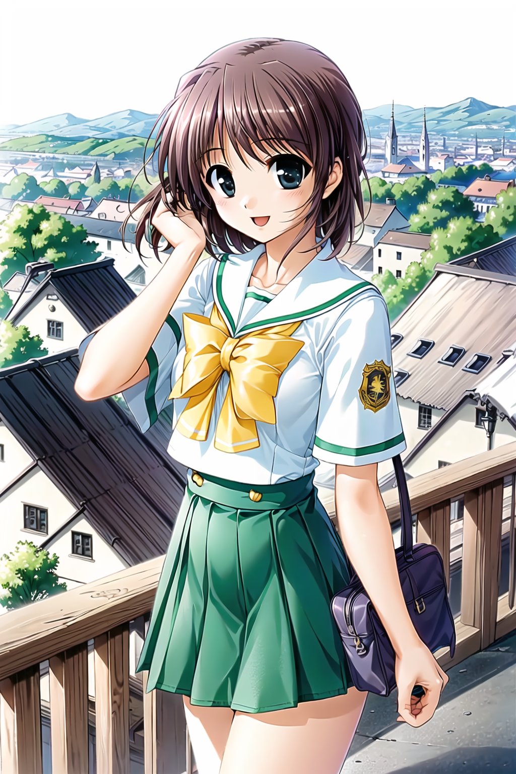 (masterpiece,Best  Quality, High Quality, Best Picture Quality Score: 1.3), (Sharp Picture Quality), Brown hair, short hair,Tie hair,School uniform,Skirt with checkerboard pattern, best smile,Beautiful scenery, girl standing on a hill, hills overlooking the city,alone,bule sky,mini_skirt