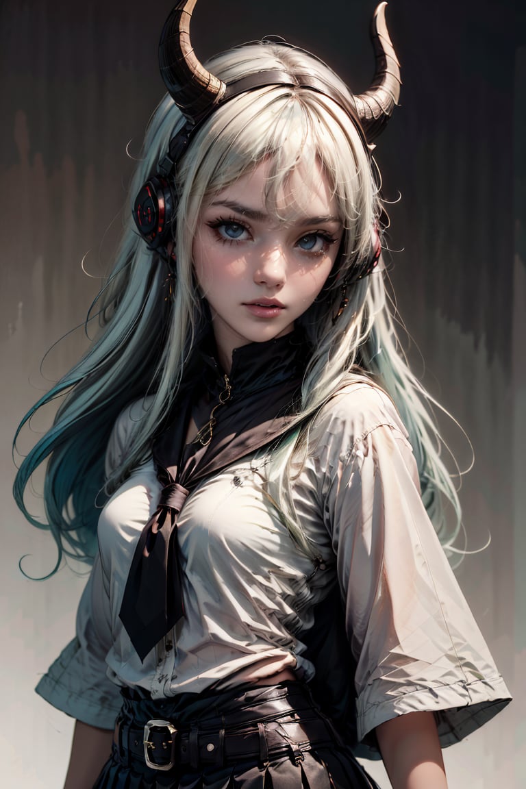 female, ((masterpiece, best quality, ultra detailed, absurdres):1.5), 1girl,solo,long hair,breasts,looking at viewer,bangsblue eyes,skirt,shirt,hair between eyes,jewelry,medium breasts,very long hair,white shirt,upper body,white hair,short sleeves,multicolored hair,pleated skirt,parted lips,horns,pointy ears,belt,black skirt,neckerchief,gradient,gradient background,headphones
,horns, school_uniform 
,demonhorns,hornsgirl