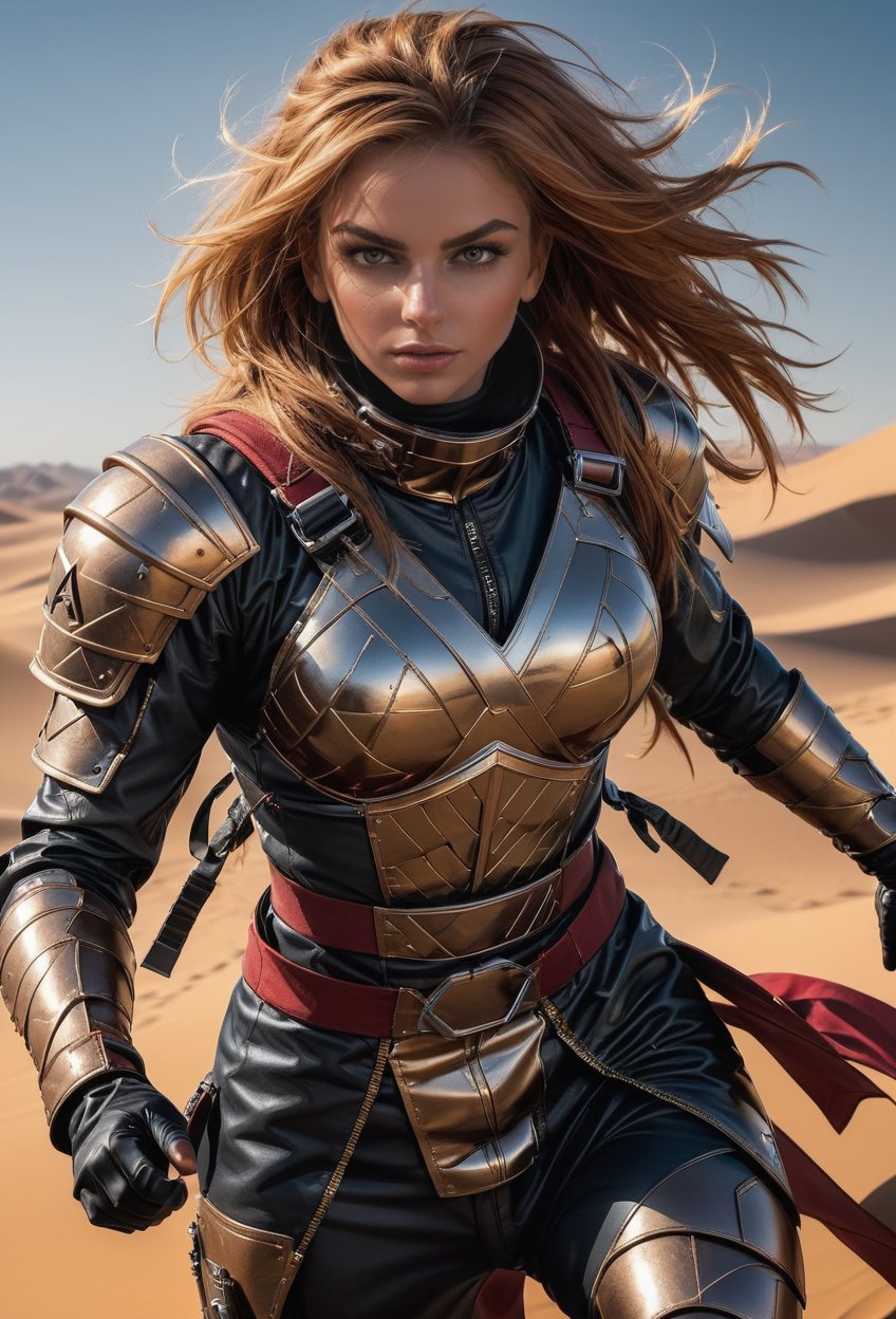 (((full_body))), wide_angle view, expressive eyes, intricate dune desert costume, brown skin, armor, long hair, brown eyes, girl, red hair, blond_hair, steel suit, with detailed textures and patterns on the costume, reflective metallic surfaces on the armor, and a dynamic pose suggesting movement. runaway from sandworm which chasing at her back,
 highly detailed, wide-angle lens, hyper realistic, with dramatic polarizing filter, vivid colors, sharp focus, HDR, UHD, 64K, 16mm, color graded portra 400 film, remarkable color, ultra realistic, ,ABMavatar