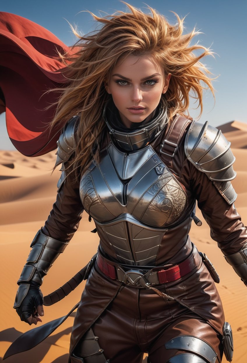 (((full_body))), wide_angle view, expressive eyes, intricate dune desert costume, brown skin, armor, long hair, brown eyes, girl, red blond_hair, steel suit, with detailed textures and patterns on the costume, reflective metallic surfaces on the armor, and a dynamic pose suggesting movement. runaway from sandworm which chasing at her back,
 highly detailed, wide-angle lens, hyper realistic, with dramatic polarizing filter, vivid colors, sharp focus, HDR, UHD, 64K, 16mm, color graded portra 400 film, remarkable color, ultra realistic, ,ABMavatar