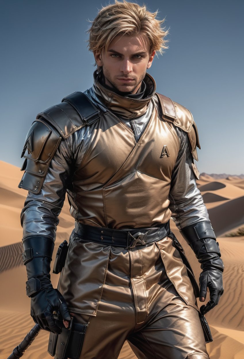 full_body shot view, hunting stance pose, expressive eyes, intricate dune desert costume, light brown skin, armor, short hair, brown eyes, male, man, blond_hair, steel suit, highly detailed, wide-angle lens, hyper realistic, with dramatic polarizing filter, vivid colors, sharp focus, HDR, UHD, 64K, 16mm, color graded portra 400 film, remarkable color, ultra realistic, ,ABMavatar