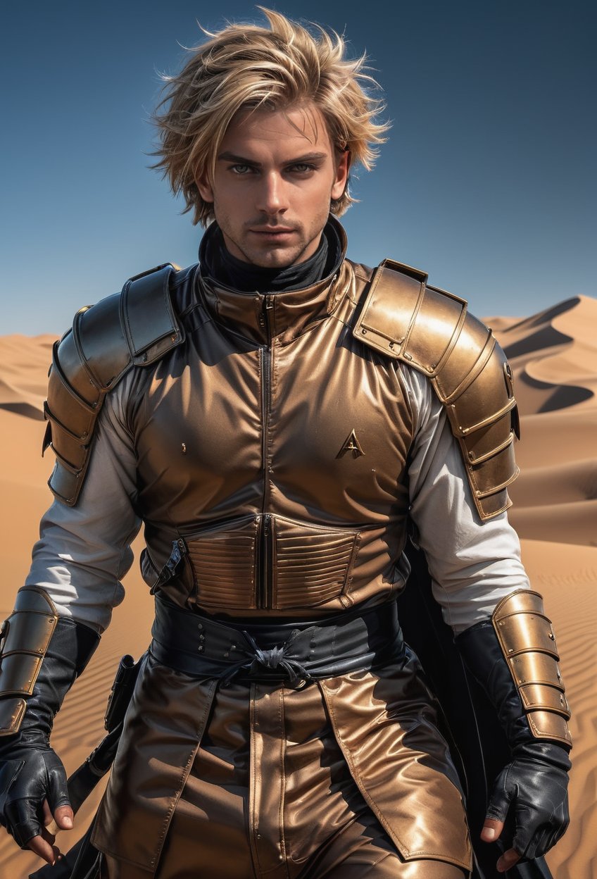 (((full_body))), wide_angle view, expressive eyes, intricate dune desert costume, brown skin, armor, short hair, brown eyes, male, man, blond_hair, steel suit, highly detailed, wide-angle lens, hyper realistic, with dramatic polarizing filter, vivid colors, sharp focus, HDR, UHD, 64K, 16mm, color graded portra 400 film, remarkable color, ultra realistic, ,ABMavatar