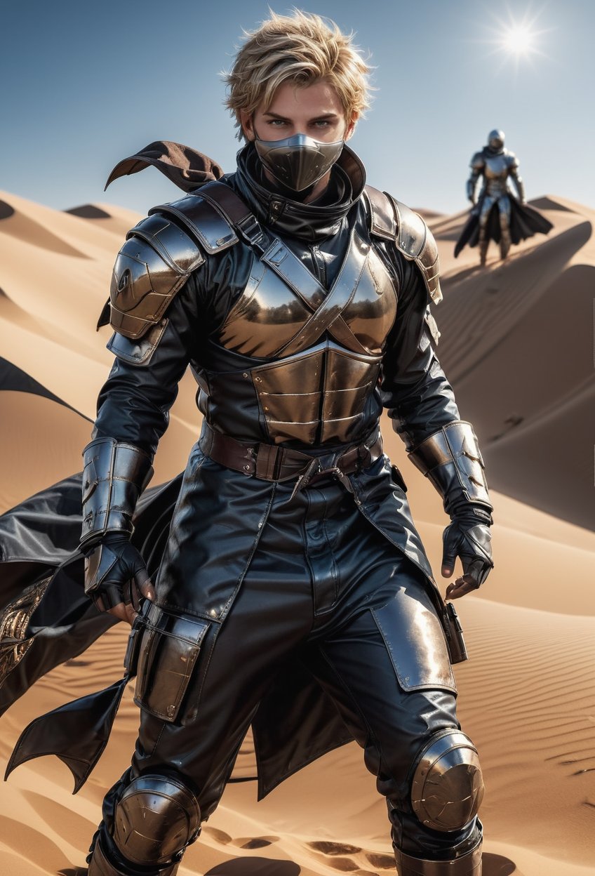 (((full_body))), wide_angle view, expressive eyes, intricate dune desert costume, brown skin, armor, short hair, brown eyes, male, man, blond_hair, steel suit, with detailed textures and patterns on the costume, reflective metallic surfaces on the armor, and a dynamic pose suggesting movement. runaway from sandworm which chasing at her back,
 highly detailed, wide-angle lens, hyper realistic, with dramatic polarizing filter, vivid colors, sharp focus, HDR, UHD, 64K, 16mm, color graded portra 400 film, remarkable color, ultra realistic, ,ABMavatar