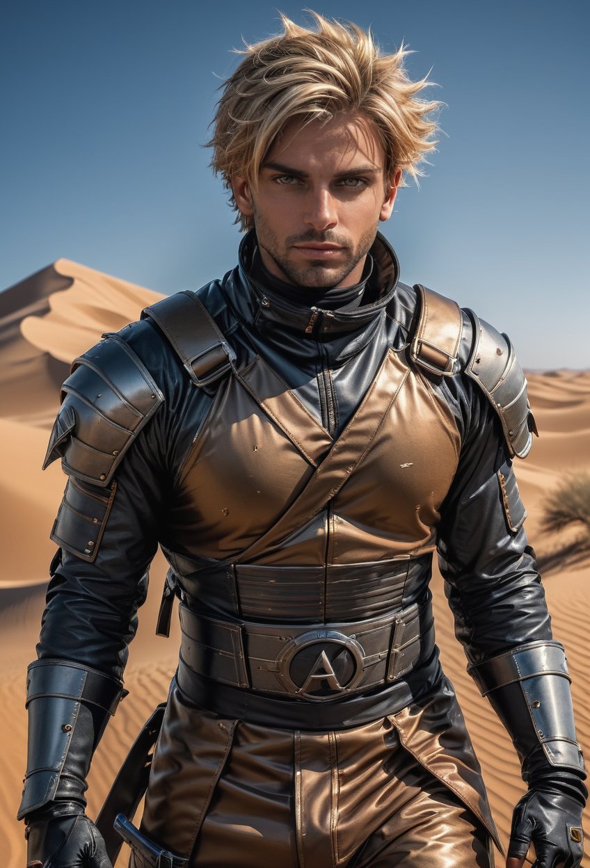 full_body shot view, expressive eyes, intricate dune desert costume, brown skin, armor, short hair, brown eyes, male, man, blond_hair, steel suit, highly detailed, wide-angle lens, hyper realistic, with dramatic polarizing filter, vivid colors, sharp focus, HDR, UHD, 64K, 16mm, color graded portra 400 film, remarkable color, ultra realistic, ,ABMavatar