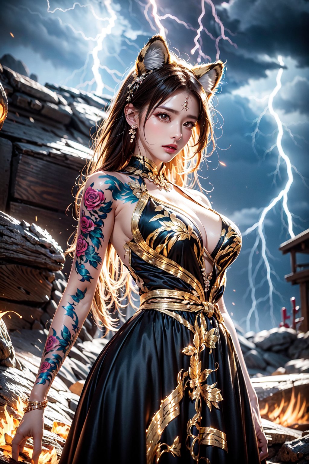 (tiger ears),(goddess),(busty),(heart tattoo),glowing pattern,|shibari|,lightning pattern,lace_trim, |dress|, thunder patternHigh Detail,masterpiece,best quality,more detail,Hyper Quality,detailed,more detail
