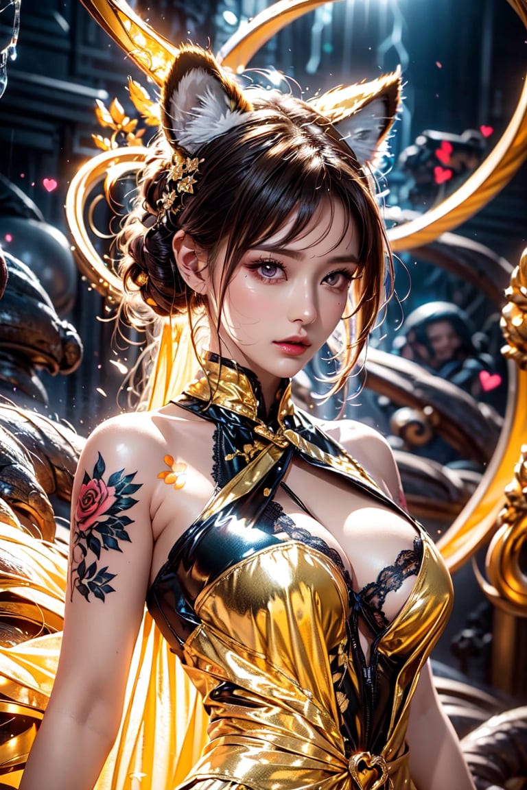 (tiger ears),(goddess),(busty),(heart tattoo),glowing pattern,|shibari|,golden ribbon,lace_trim, |dress|, thunder pattern,High Detail,masterpiece,best quality,more detail,Hyper Quality,detailed,more detail
