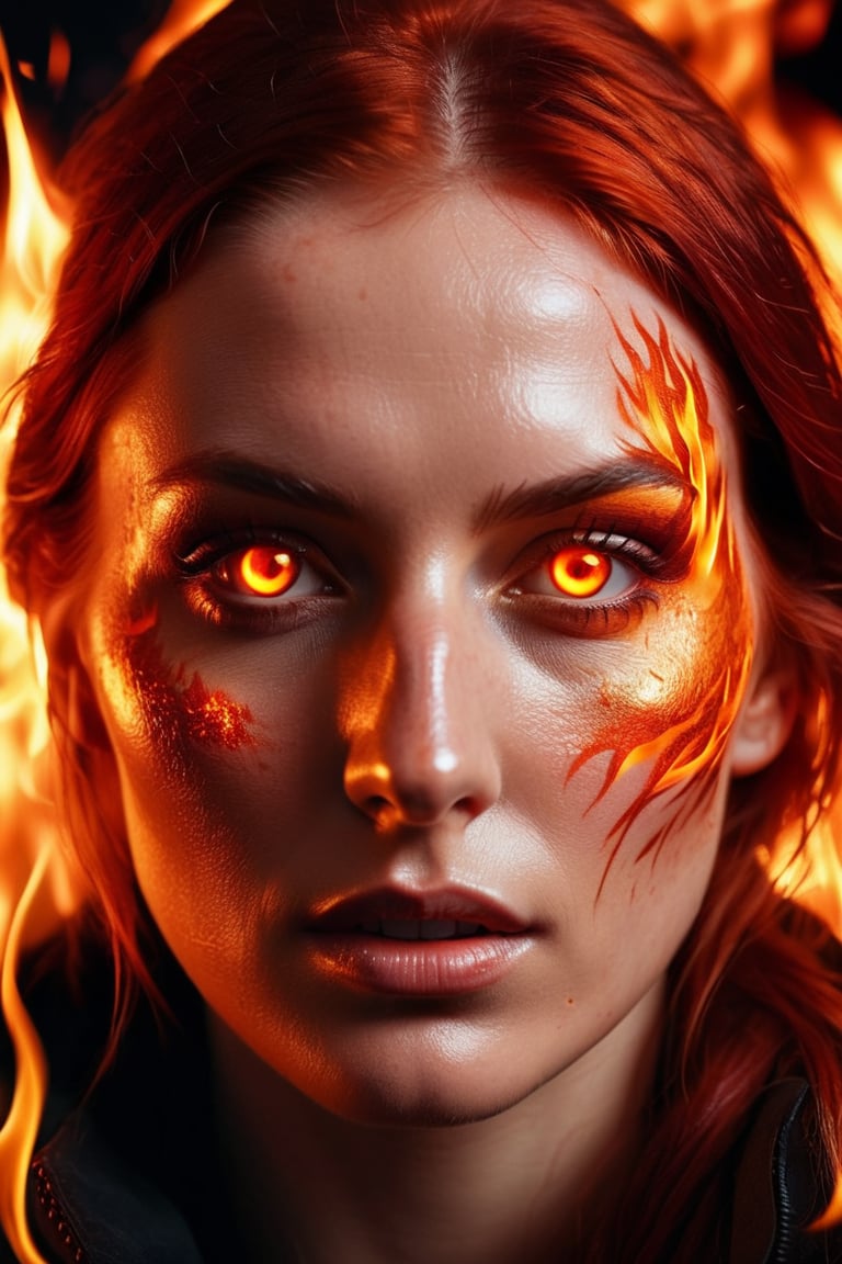 RAW photo of an (Swedish model:1.3). Woman, 24 years old, a macro-close-up of a woman's face with fire on her face, half of the face, fire in eyes, bright fire eyes, fire eyes, fiery eyes, red fire eyes, (cheekbones), fiery hair, thin nose, great digital art with details, face melting into the universe, fire particles in front, fire through eyes, highly detailed vfx portrait, glowing ember eyes, cinematic digital art, fire particles, fiery scorching red eyes.