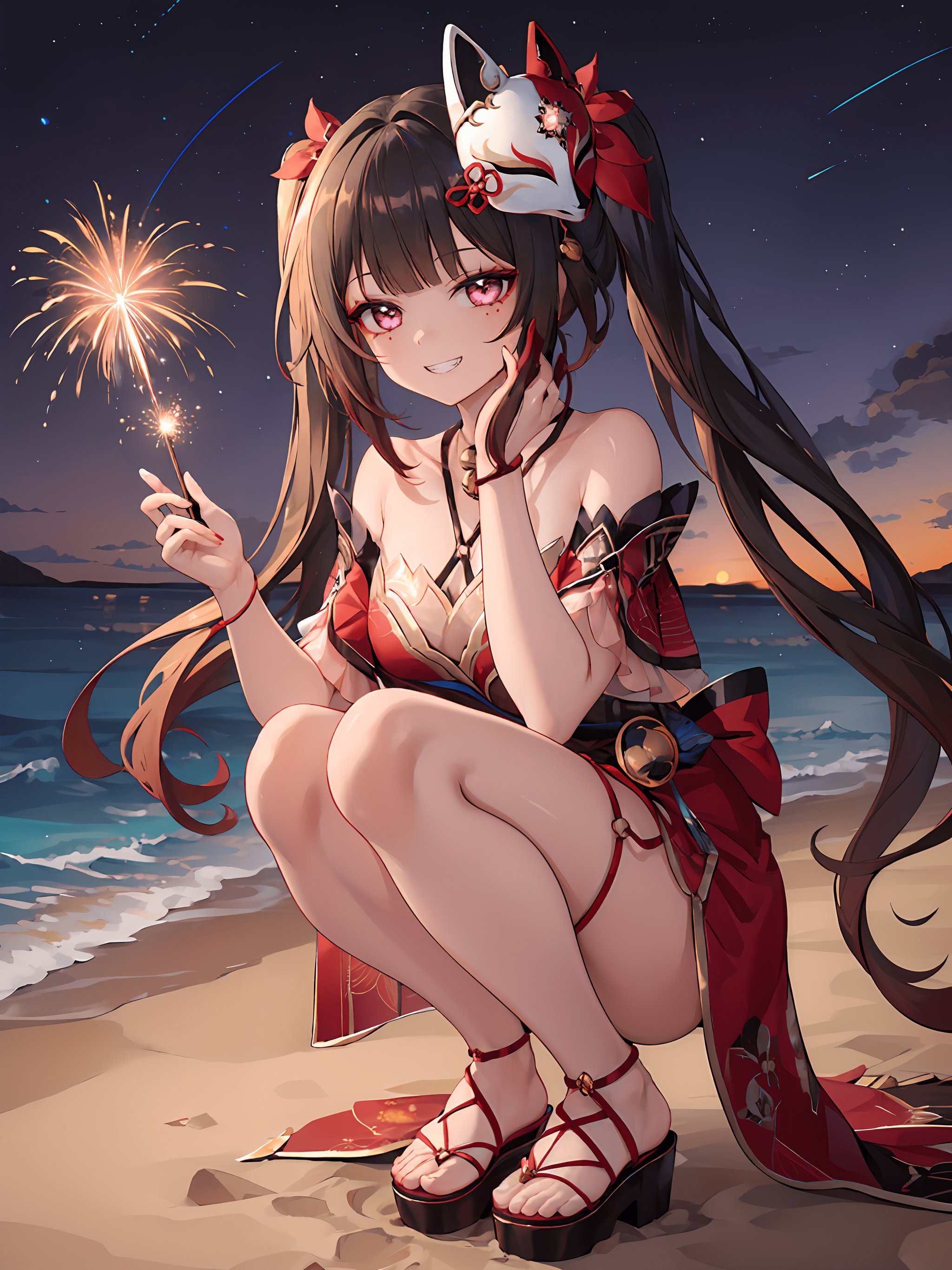 hand string, ((masterpiece,best quality)), 1girl, sparklehsr, mask on head, wrist rope, sandals, squatting, holding, sparkle, fireworks, grin, (night), beach, depth of field,