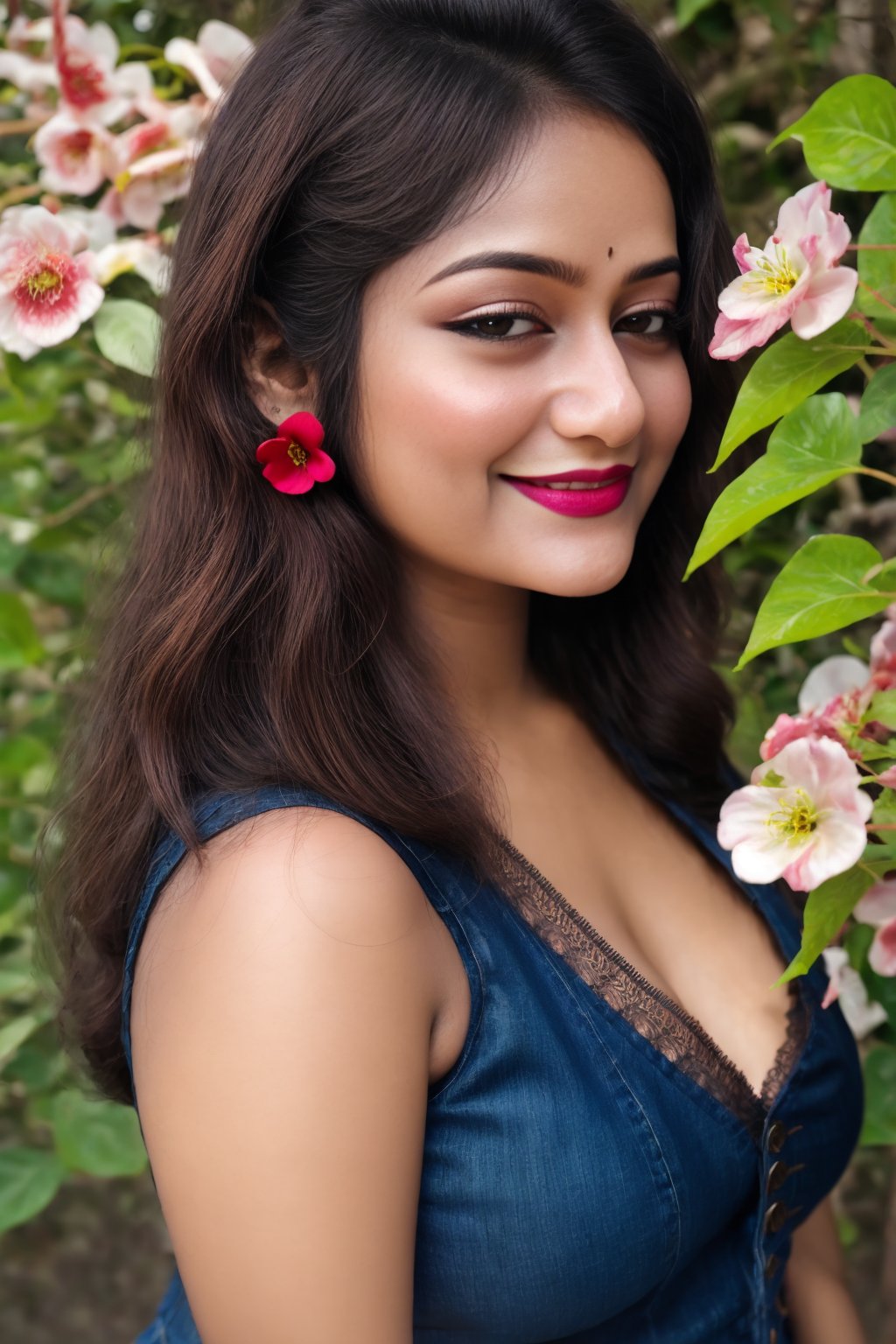 Indian 21 years old girl, Instagram model Aaheli, fashion portrait, smiling face, red bindi, ((full portrait shoot)), ((big cleavage)), masterpiece, wearing black top and tore jeans, supermodel, ((big eye)), ((flower in hair)), (elegant model), a Horney look, outdoor,  jewelry, makeup with lipstick, model posing, curly hair on solder, black hair, realistic skin, pale skin, ((perfect_breast)), cylindrical body shape, cute girl, front facing, low angle camera, make-up and have lipstick, sexy pose, beautiful lace, smokey_eyes_makeup, super_red_lips, INDIA