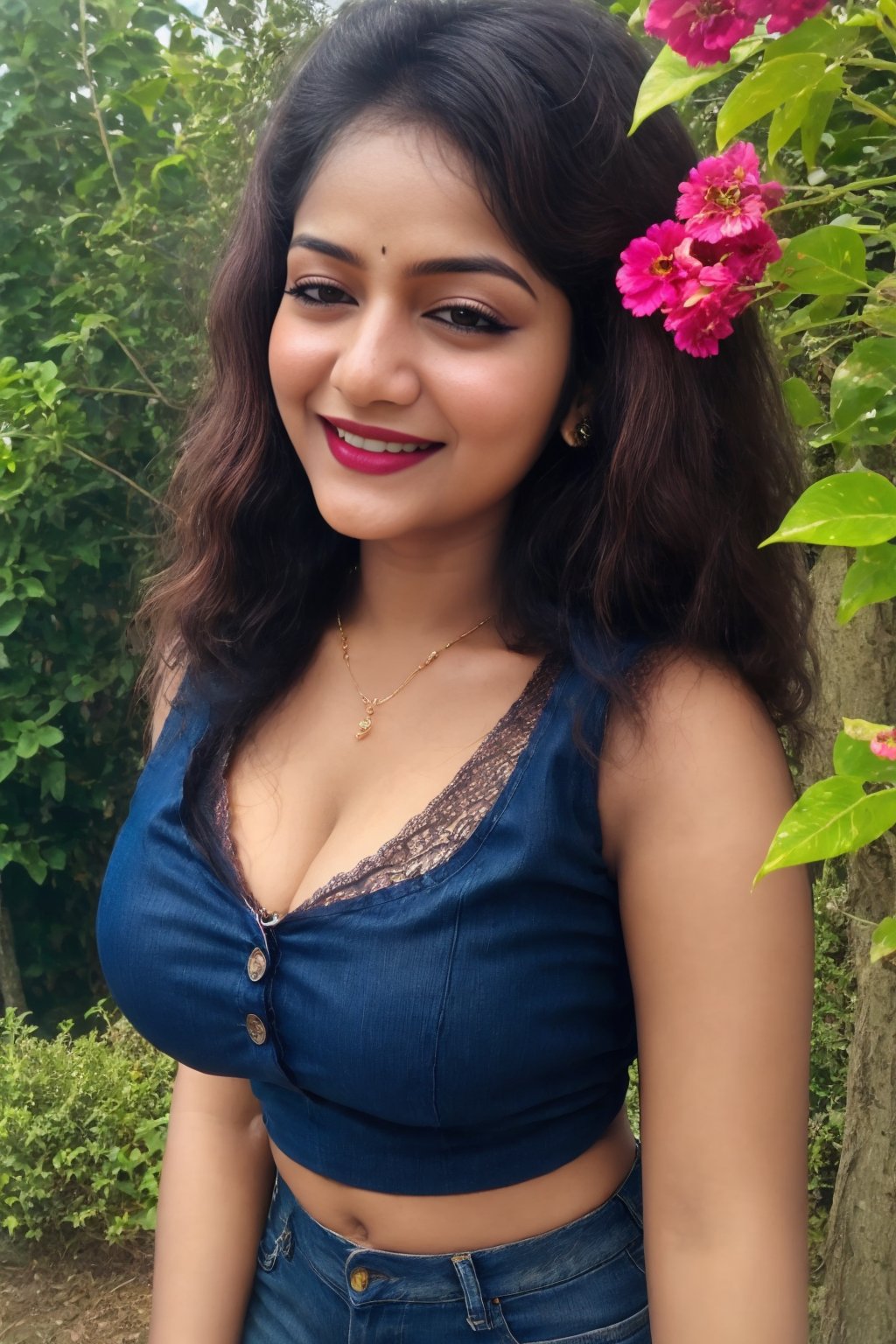 Indian 21 years old girl, Instagram model Aaheli, fashion portrait, smiling face, red bindi, ((full portrait shoot)), ((big cleavage)), masterpiece, wearing black top and tore jeans, supermodel, ((big eye)), ((flower in hair)), (elegant model), a Horney look, outdoor,  jewelry, makeup with lipstick, model posing, curly hair on solder, black hair, realistic skin, pale skin, ((perfect_breast)), cylindrical body shape, cute girl, front facing, low angle camera, make-up and have lipstick, sexy pose, beautiful lace, smokey_eyes_makeup, super_red_lips, INDIA