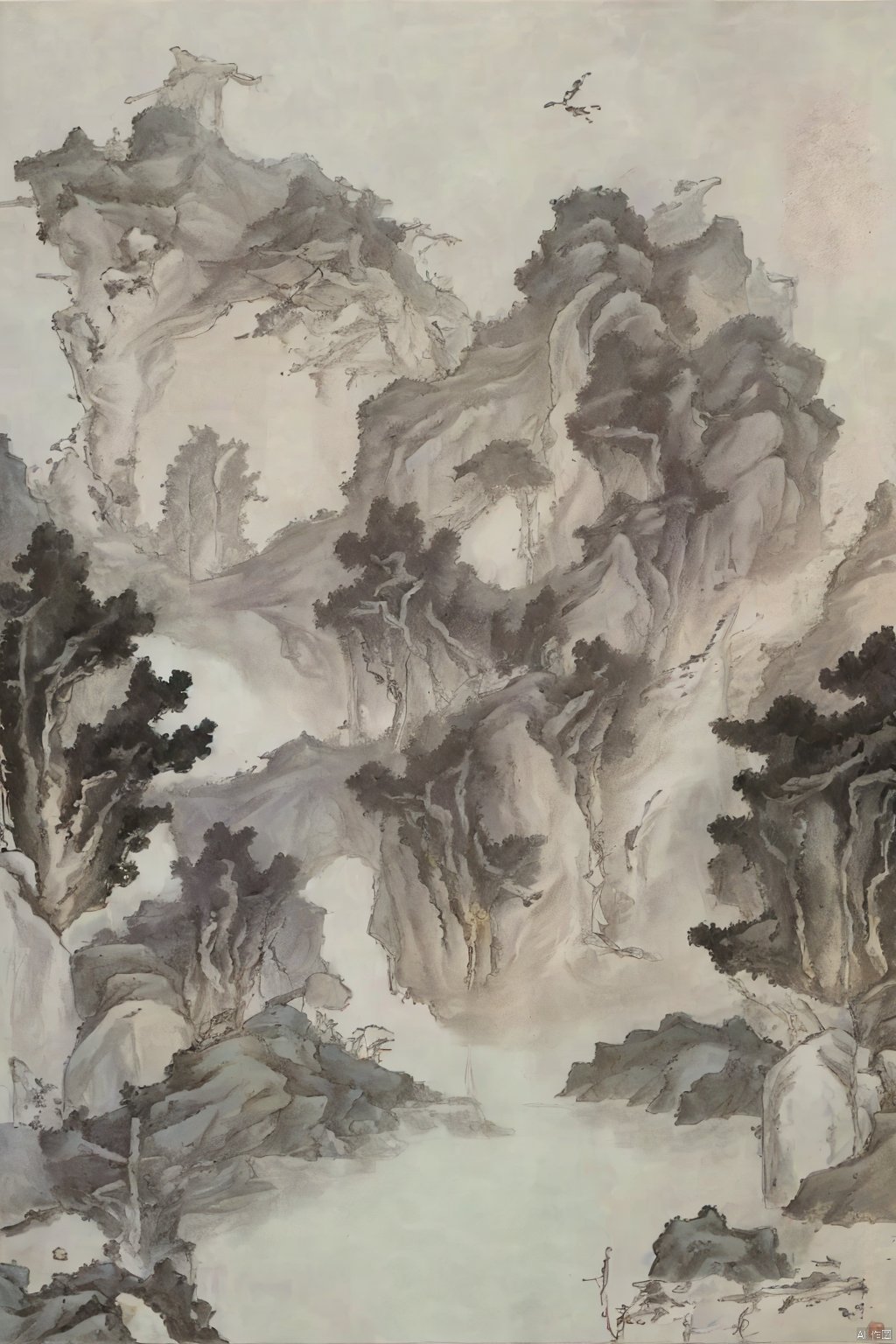  Traditional Chinese landscape painting, Chinese freehand brushwork, Qing Dynasty landscape painter Gong Xian style, mountains, trees, waterfalls,waterflow,inkaccumulationmethod,heavy,vast国画, chinesepaiting,Chinesepaiting,国风, chinese paiting