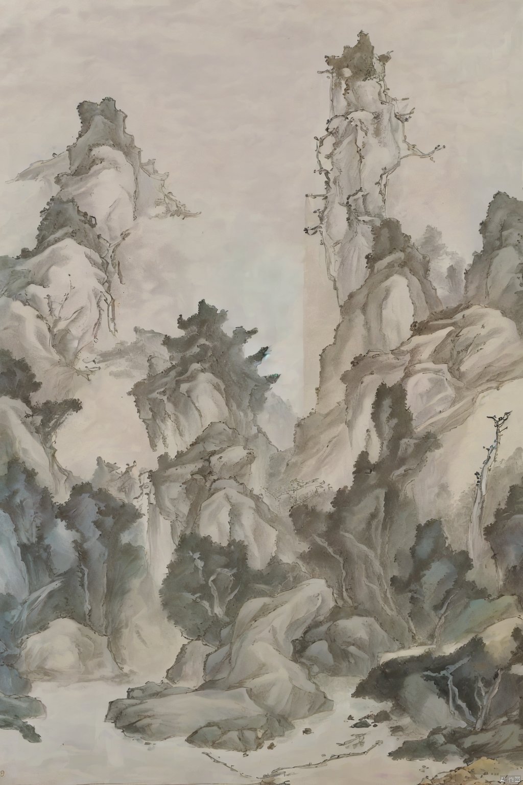  Traditional Chinese landscape painting, Chinese freehand brushwork, Qing Dynasty landscape painterGongXianstyle,mountains,trees,waterfalls,waterflow,inkaccumulationmethod,heavy,vast国画,chinesepaiting,Chinesepaiting,国风, chinese paiting