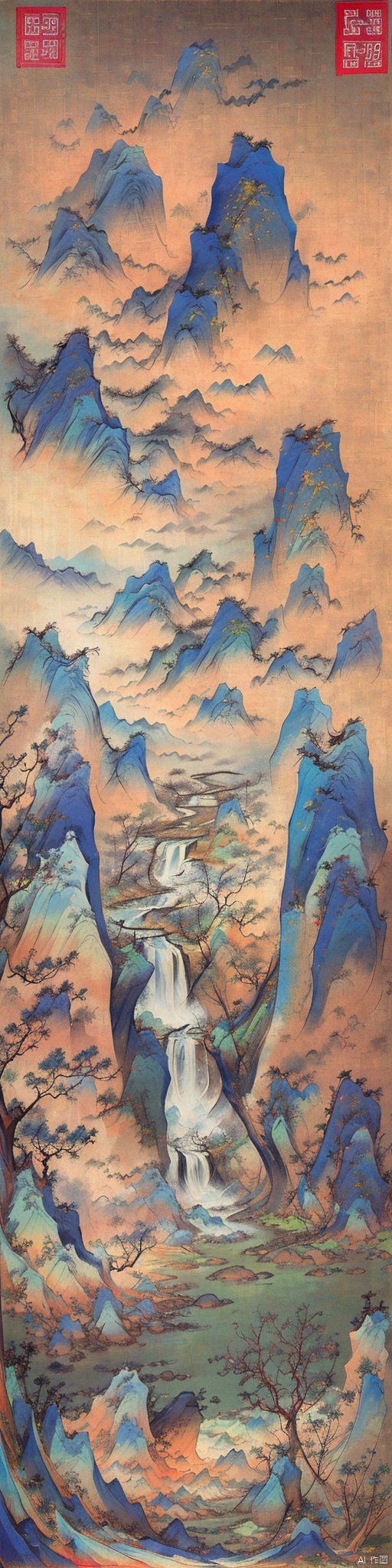  Traditional Chinese landscape painting, Chinese freehand brushwork, Qing Dynasty landscape painter Gong Xian style, mountains, trees, waterfalls, water flow, ink accumulationmethod,heavy,vast国画, chinese paiting