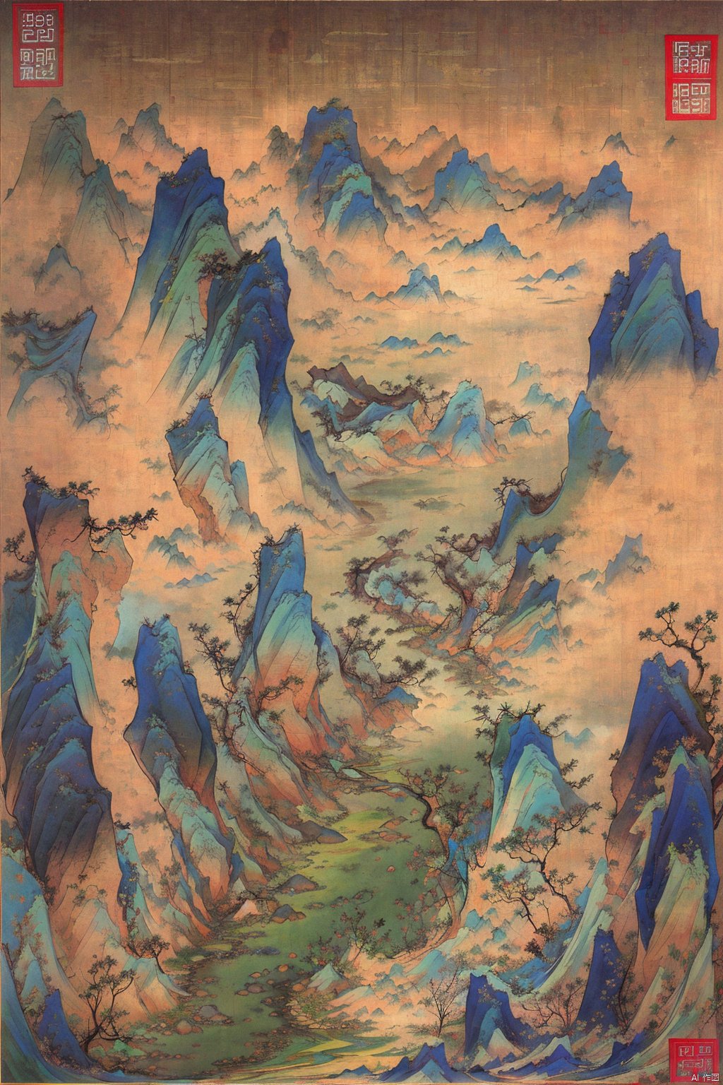  Traditional Chinese landscape painting, Chinese freehand brushwork, Qing Dynasty landscape painter Gong Xian style, mountains, trees, waterfalls, water flow,inkaccumulationmethod,heavy,vast国画, chinese paiting