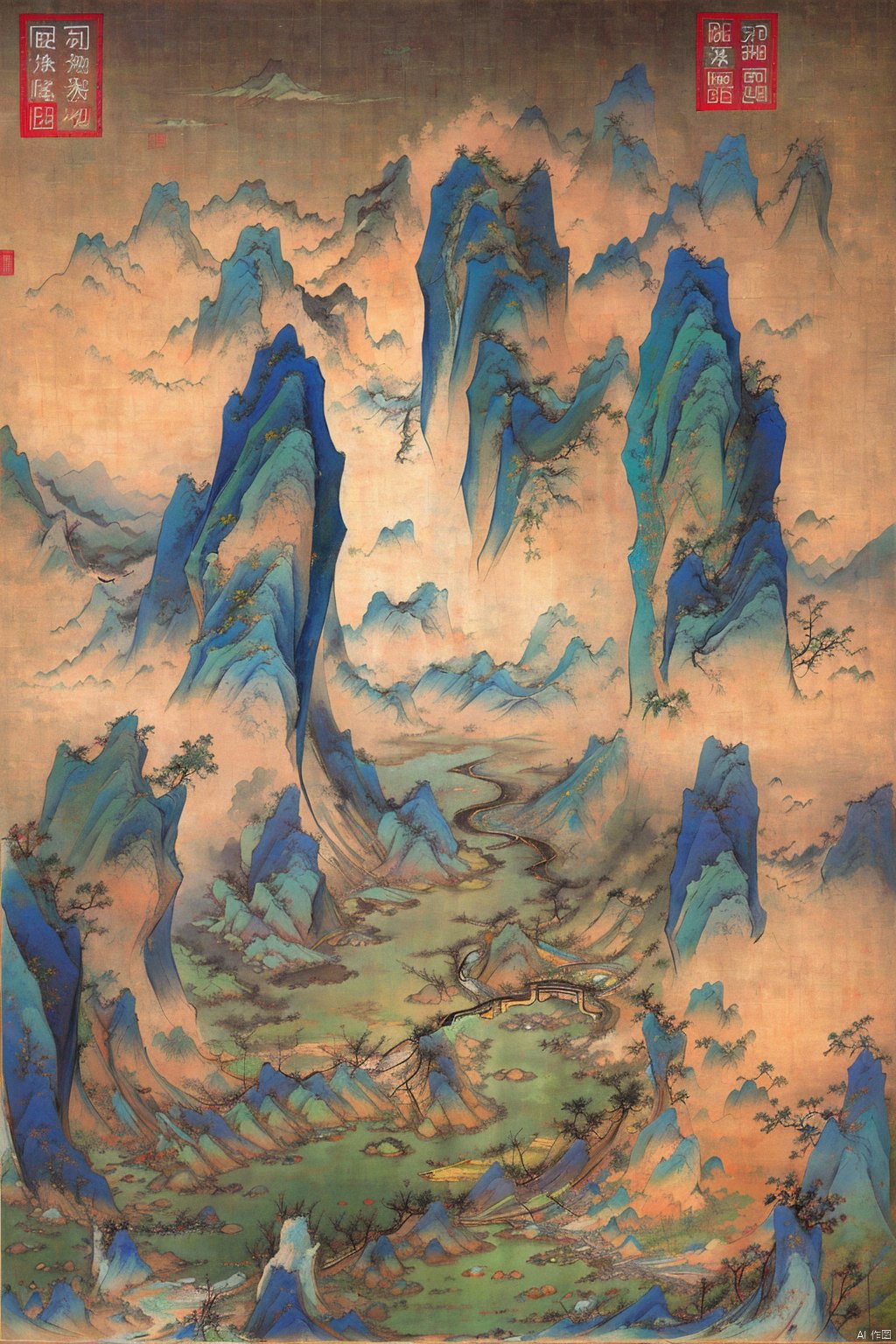  Traditional Chinese landscape painting, Chinese freehand brushwork, Qing Dynasty landscape painter Gong Xian style, mountains, trees, waterfalls, water flow, inkaccumulationmethod,heavy,vast国画, chinese paiting