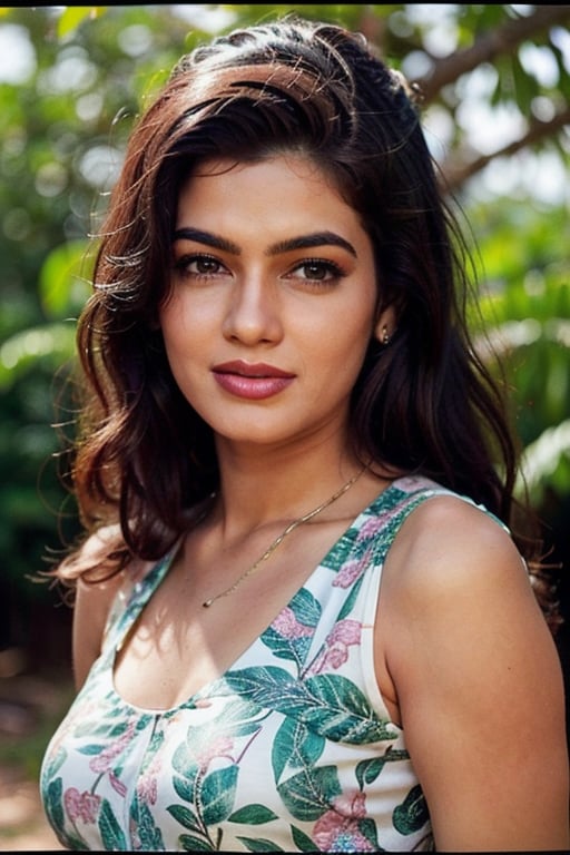 A photo of a pretty woman with long hair, bored, She wears a sleeveless blouse with colorful patterns, armpits, closeup portrait, 85mm lens, (analog, cinematic, film grain:1.3), (walking on a forest trail), ((detailed eyes)), (epicPhoto), (color picture:1.1), makeup, (looking at viewer),SaiPallavi 