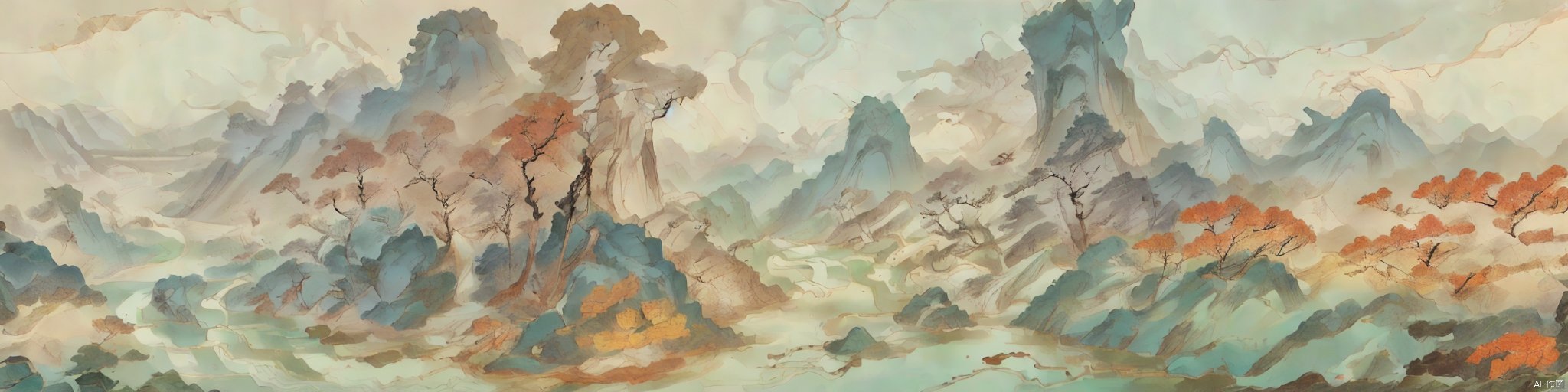  Traditional Chinese landscape painting, Chinese freehand brushwork, Qing Dynasty landscape painter Gong Xian style, mountains, trees, waterfalls, water flow,inkaccumulationmethod,heavy,vast国画, chinese paiting, Chinesepaiting,国风