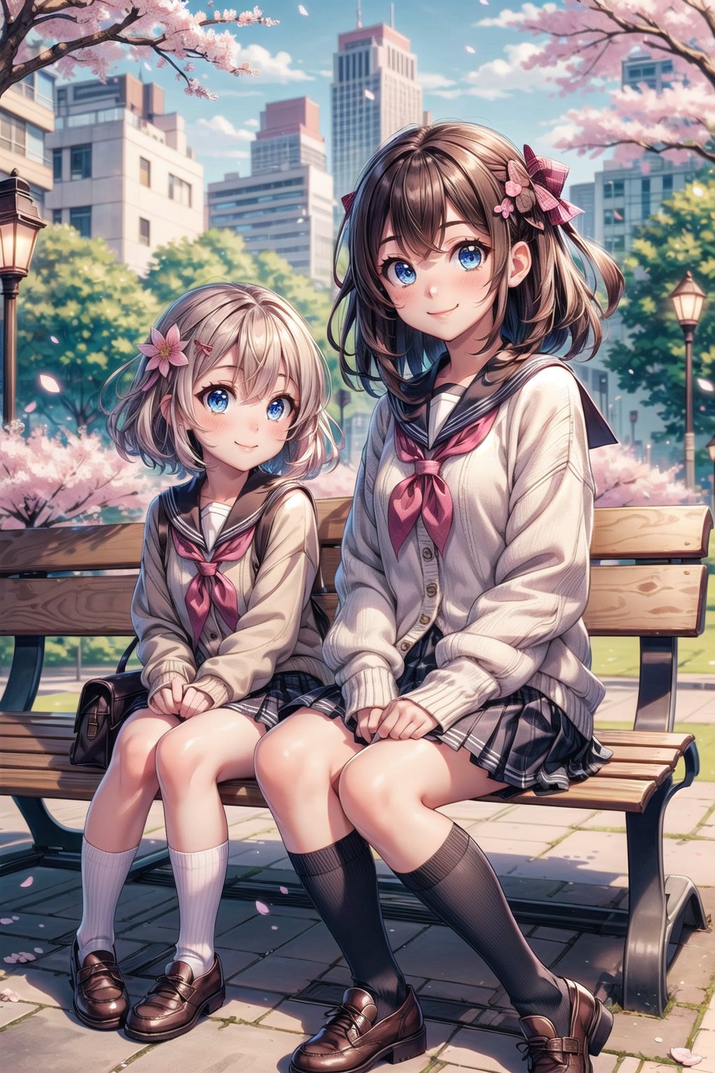 bench, 2girls, multiple girls, tree, brown hair, skirt, sitting, outdoors, smile, school uniform, cherry blossoms, park, hair ornament, hair bow, flower, blue skirt, hair flower, blue eyes, chibi, bow, blush, socks, park bench, day, brown footwear, long hair, lamppost, shoes, bush, petals, plaid, bag, on bench, looking at viewer, serafuku, plaid skirt, sailor collar, ribbon, neckerchief, building, pink flower, pleated skirt, long sleeves, short hair, white sailor collar, sweater, cardigan,BrgEy