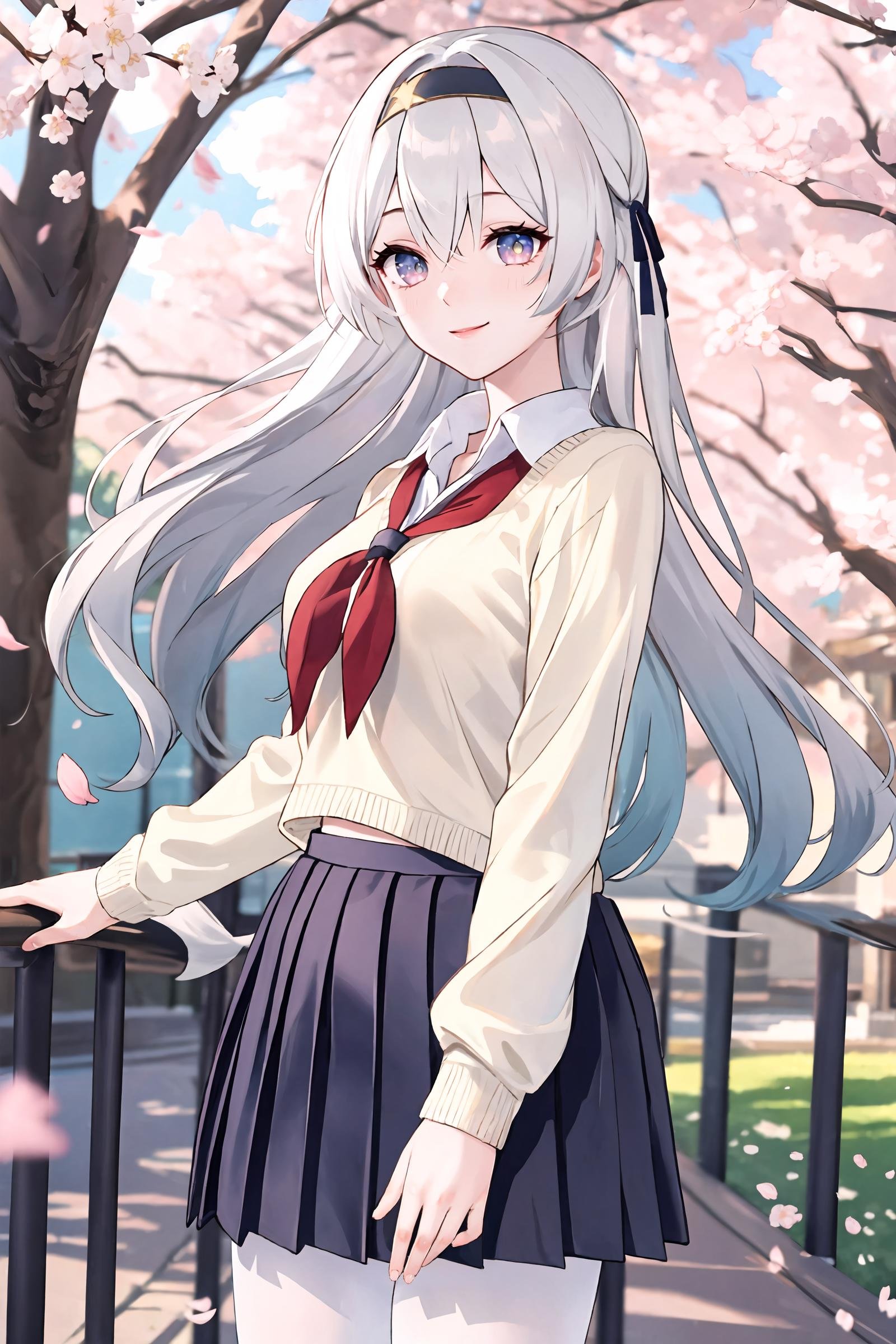 1girl, firefly \(honkai: star rail\), hairband, solo, school uniform, white shirt, sweater, pleated skirt, pantyhose, light smile, looking at viewer, outdoors, street, cherry blossoms, petals, depth of field, masterpiece