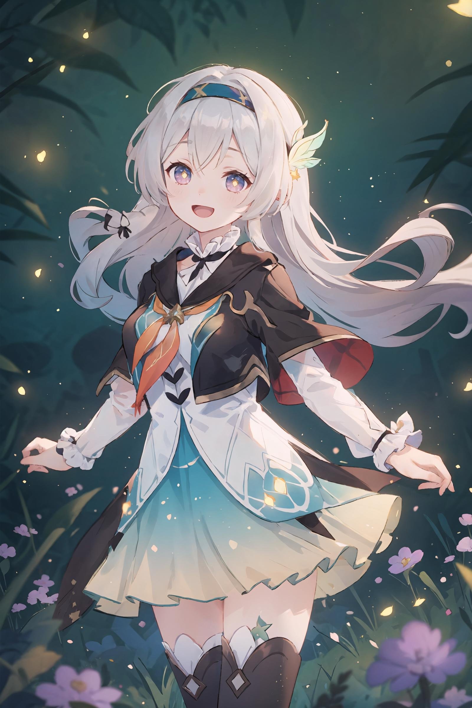 1girl, firefly \(honkai: star rail\), solo, black thighhighs, hairband, gradient skirt, hair ornament, blouse, cropped jacket, yellow neckerchief, cowboy shot, night, floating hair, depth of field, smile, open mouth, fireflies, bokeh, meadow, shooting star, masterpiece