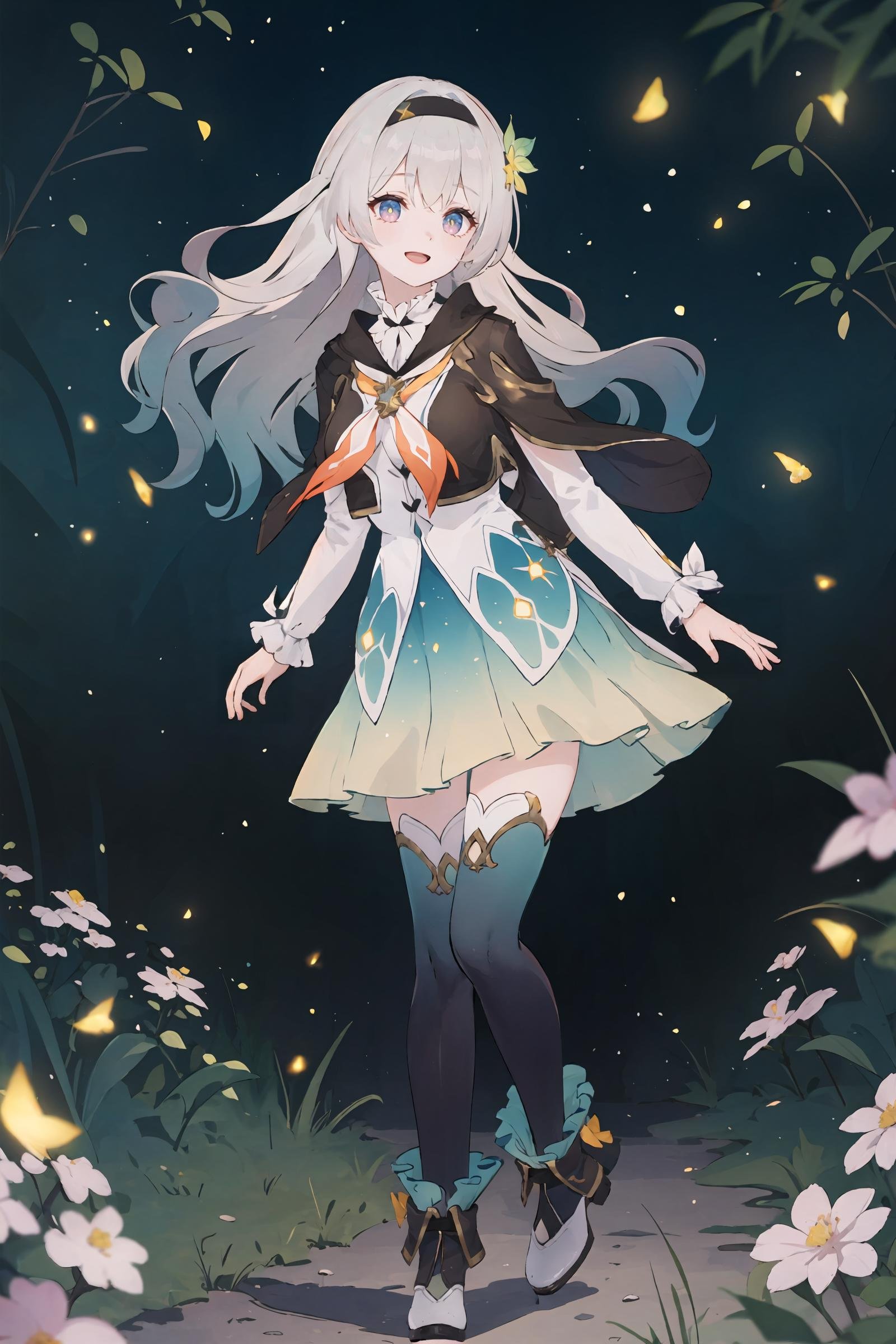 1girl, firefly \(honkai: star rail\), solo, black thighhighs, hairband, gradient skirt, hair ornament, blouse, frilled boots, cropped jacket, yellow neckerchief, full body, night, floating hair, depth of field, standing on one leg, smile, open mouth, fireflies, bokeh, meadow, shooting star, masterpiece