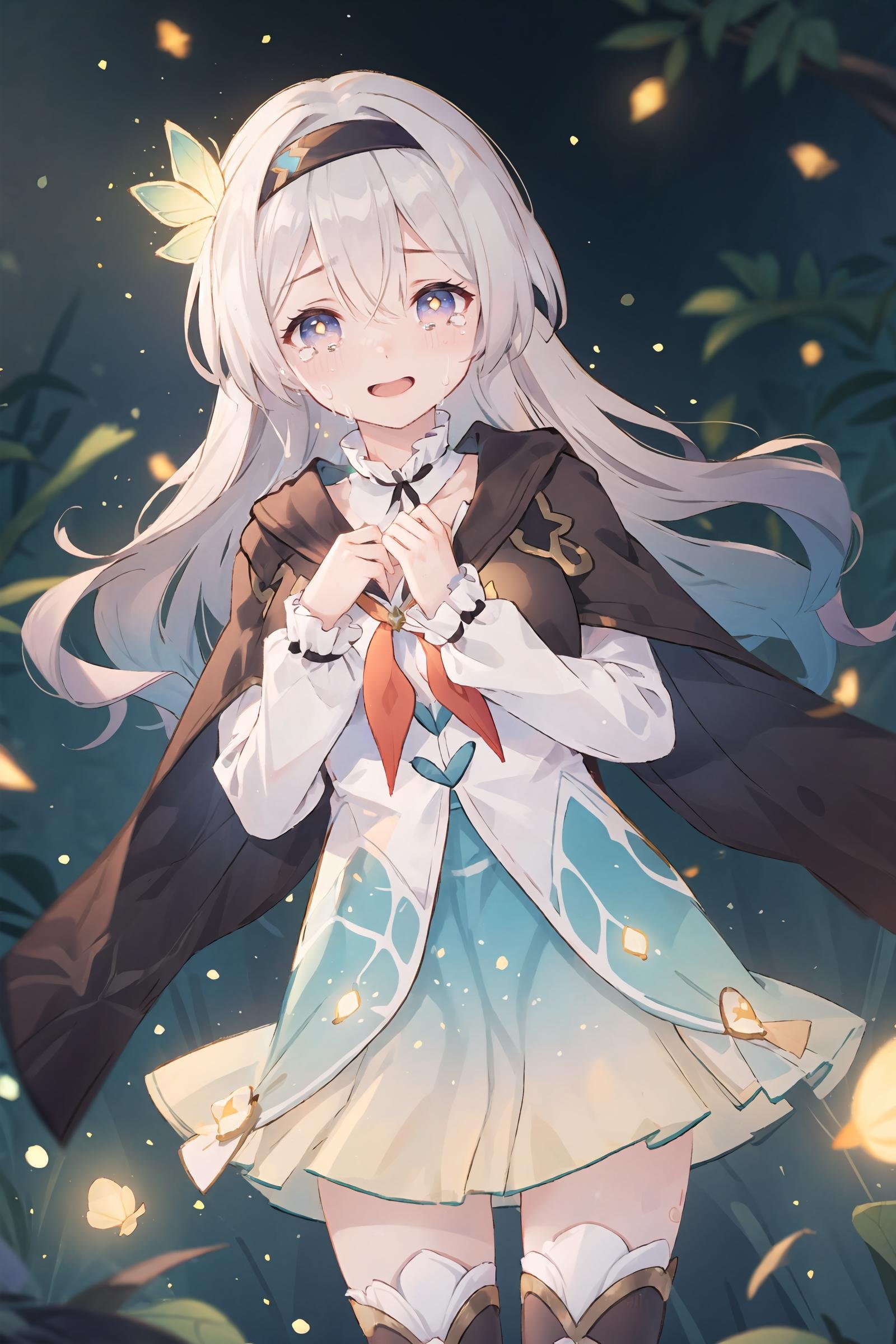 1girl, firefly \(honkai: star rail\), solo, black thighhighs, hairband, gradient skirt, hair ornament, blouse, cropped jacket, yellow neckerchief, cowboy shot, standing, floating hair, depth of field, hand on own chest, crying with eyes open, light smile, bokeh, fireflies, night, masterpiece