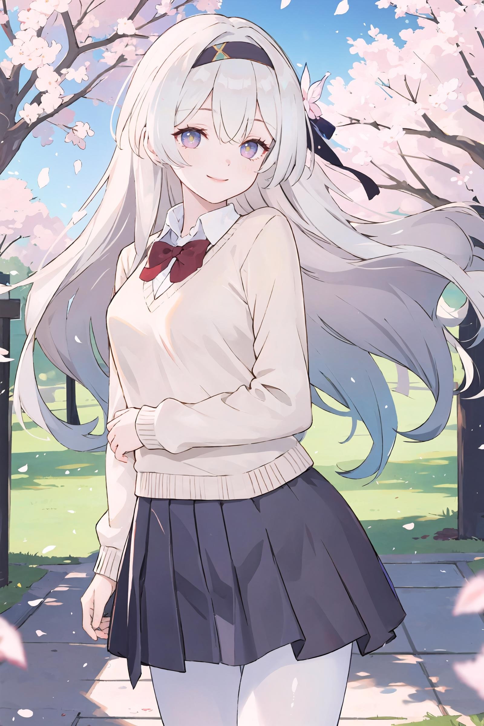 1girl, firefly \(honkai: star rail\), hairband, solo, school uniform, white shirt, sweater, pleated skirt, pantyhose, light smile, looking at viewer, outdoors, street, cherry blossoms, petals, depth of field, masterpiece