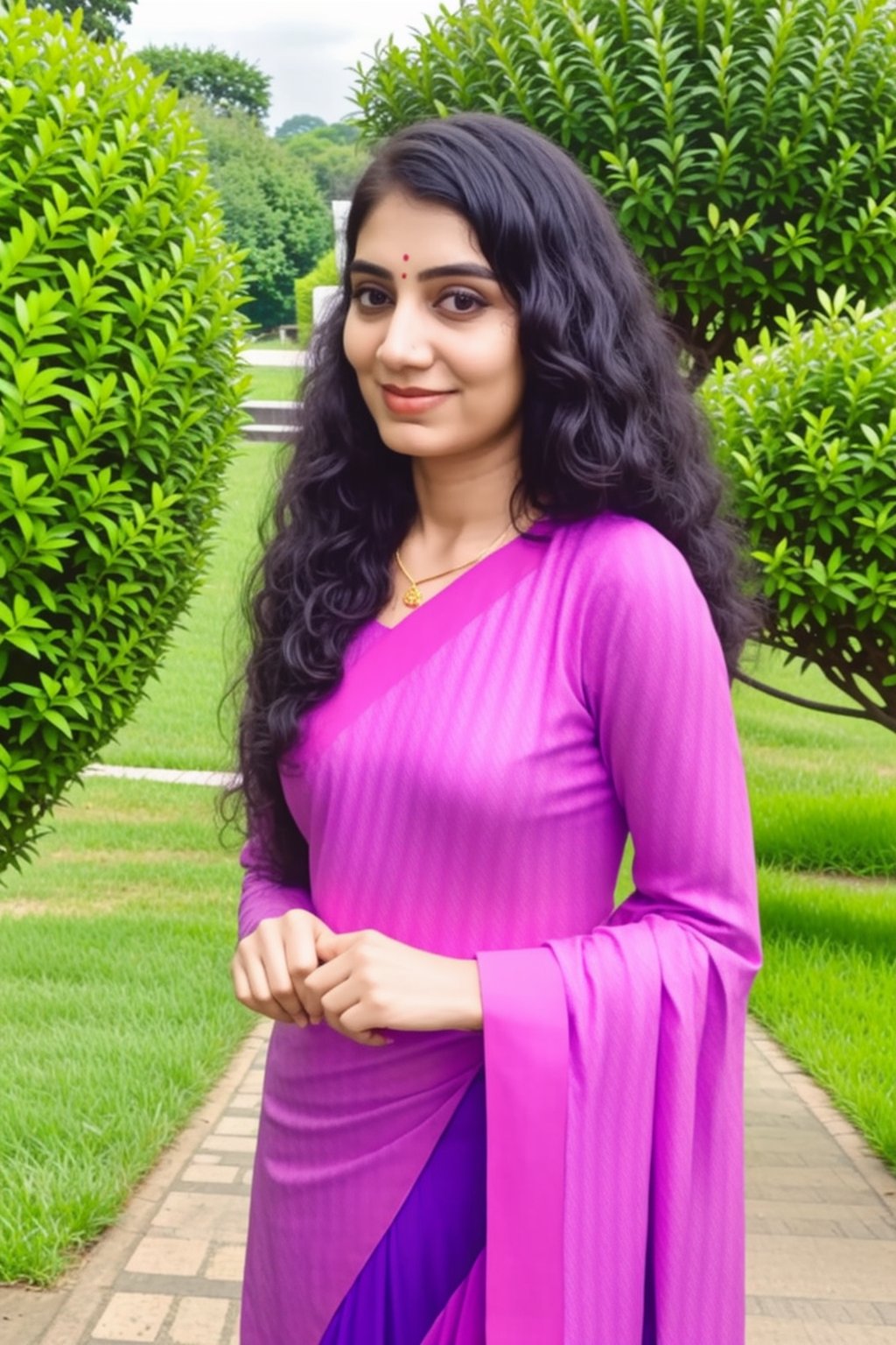 Saree, 1girl, solo, long hair, black hair, long sleeves, dress, jewelry, earrings, outdoors, blurry, looking to the side, purple dress, realistic,<lora:659111690174031528:1.0>