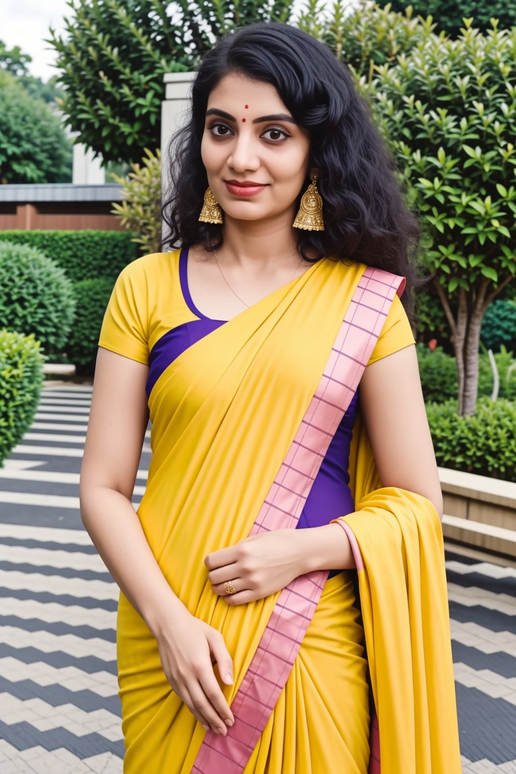 Saree, 1girl, solo, yellow saree, long hair, black hair, long sleeves, dress, jewelry, earrings, outdoor, realistic, This breathtaking photograph, shot on a Canon 1DX with a 50 mm f/2.8 lens, beautifully showcases the raw and authentic beauty of life. high resolution 8k image quality, saree ,sari,<lora:659111690174031528:1.0>