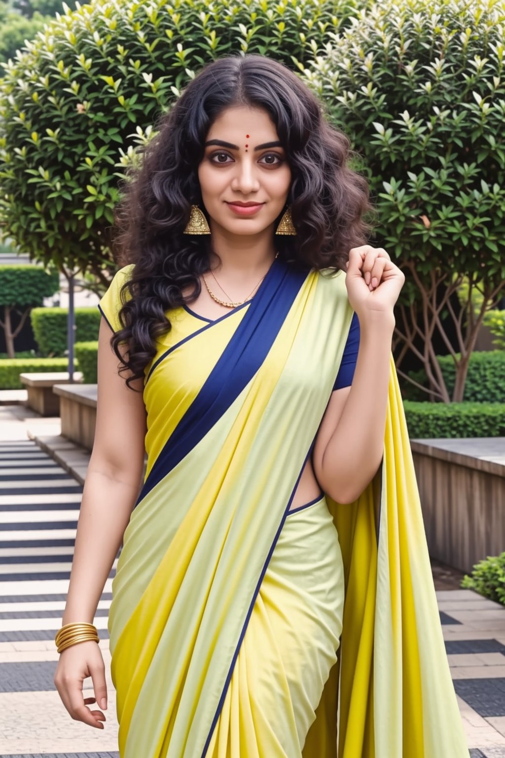 Saree, 1girl, solo, yellow saree, long hair, black hair, long sleeves, dress, jewelry, earrings, outdoor, realistic, This breathtaking photograph, shot on a Canon 1DX with a 50 mm f/2.8 lens, beautifully showcases the raw and authentic beauty of life. high resolution 8k image quality, saree ,sari,<lora:659111690174031528:1.0>