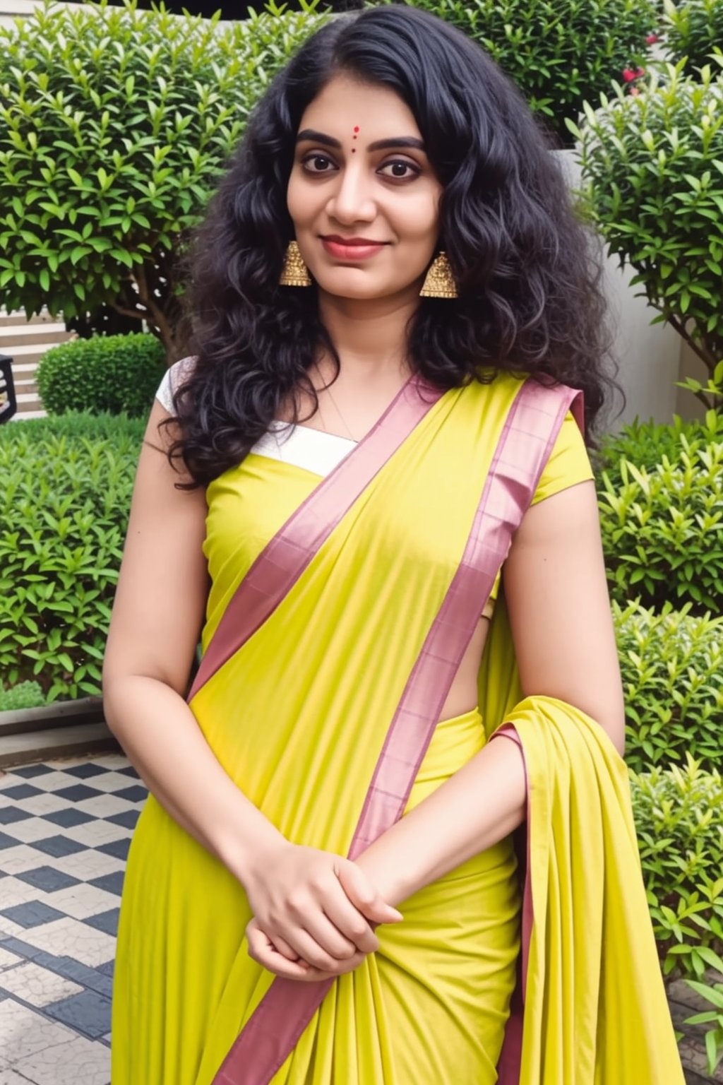 Saree, 1girl, solo, yellow saree, long hair, black hair, long sleeves, dress, jewelry, earrings, outdoor, realistic, This breathtaking photograph, shot on a Canon 1DX with a 50 mm f/2.8 lens, beautifully showcases the raw and authentic beauty of life. high resolution 8k image quality, saree ,sari,<lora:659111690174031528:1.0>